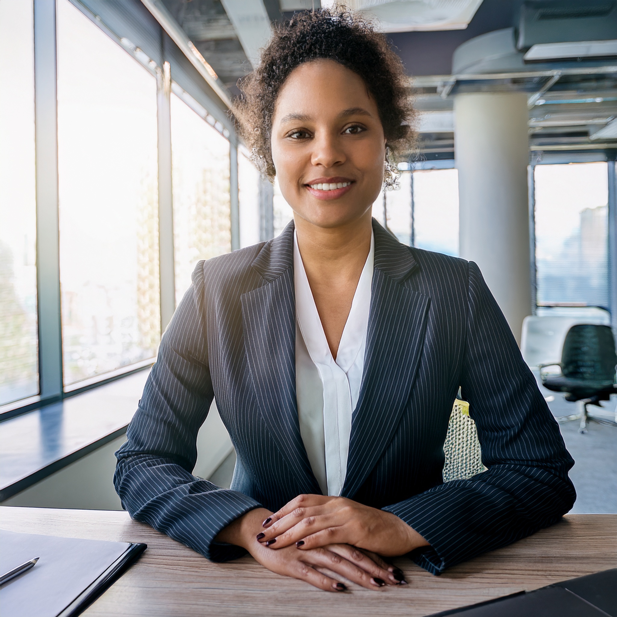 Portrait einer lächelnden Frau in einem professionellen Umfeld